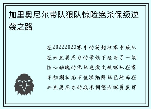 加里奥尼尔带队狼队惊险绝杀保级逆袭之路