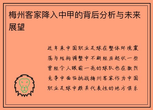 梅州客家降入中甲的背后分析与未来展望